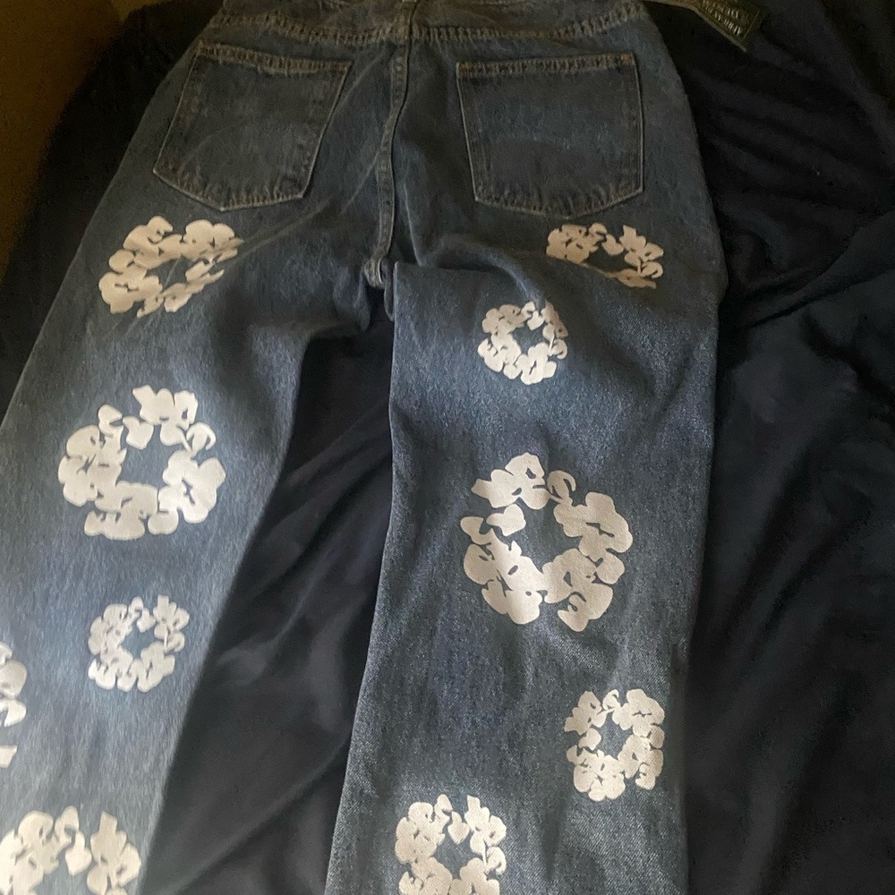 Blue and White Straight Leg Jeans with Artistic Floral Design
